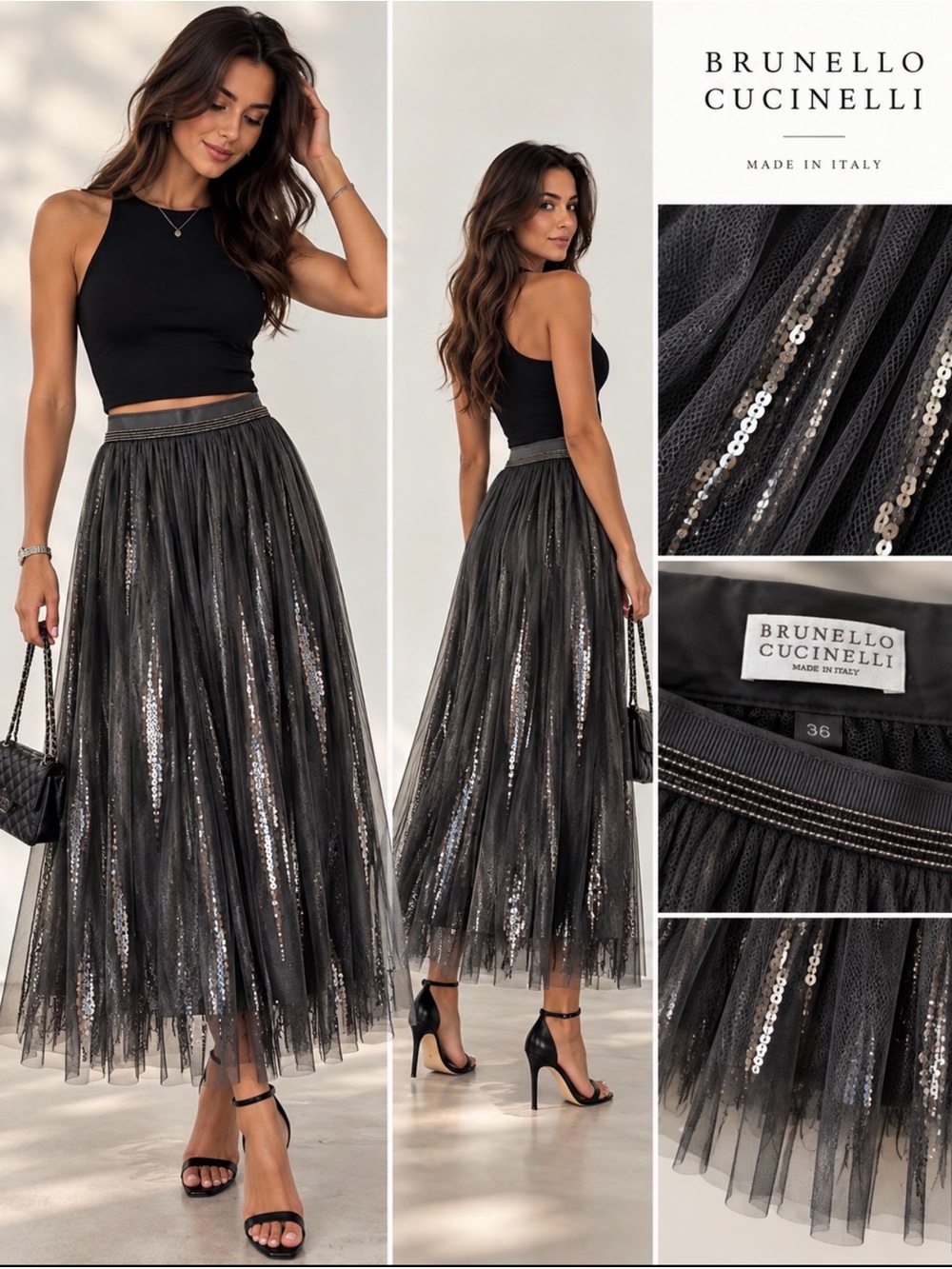 Brunello Cucinelli Black Sequin Tulle Maxi Skirt with Subtle Sheen